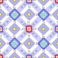 Colorful quadrangular figures with antennae are arranged in rows, connected by purple lines. Seamless ornament. Vector